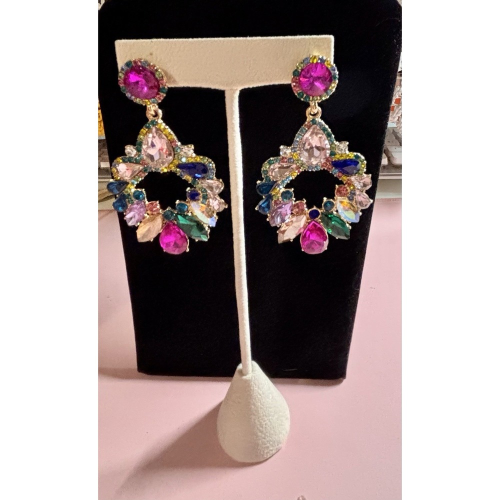 Gold Tone Colorful Elegant Dangle Earrings Rhinestones festival wedding guest